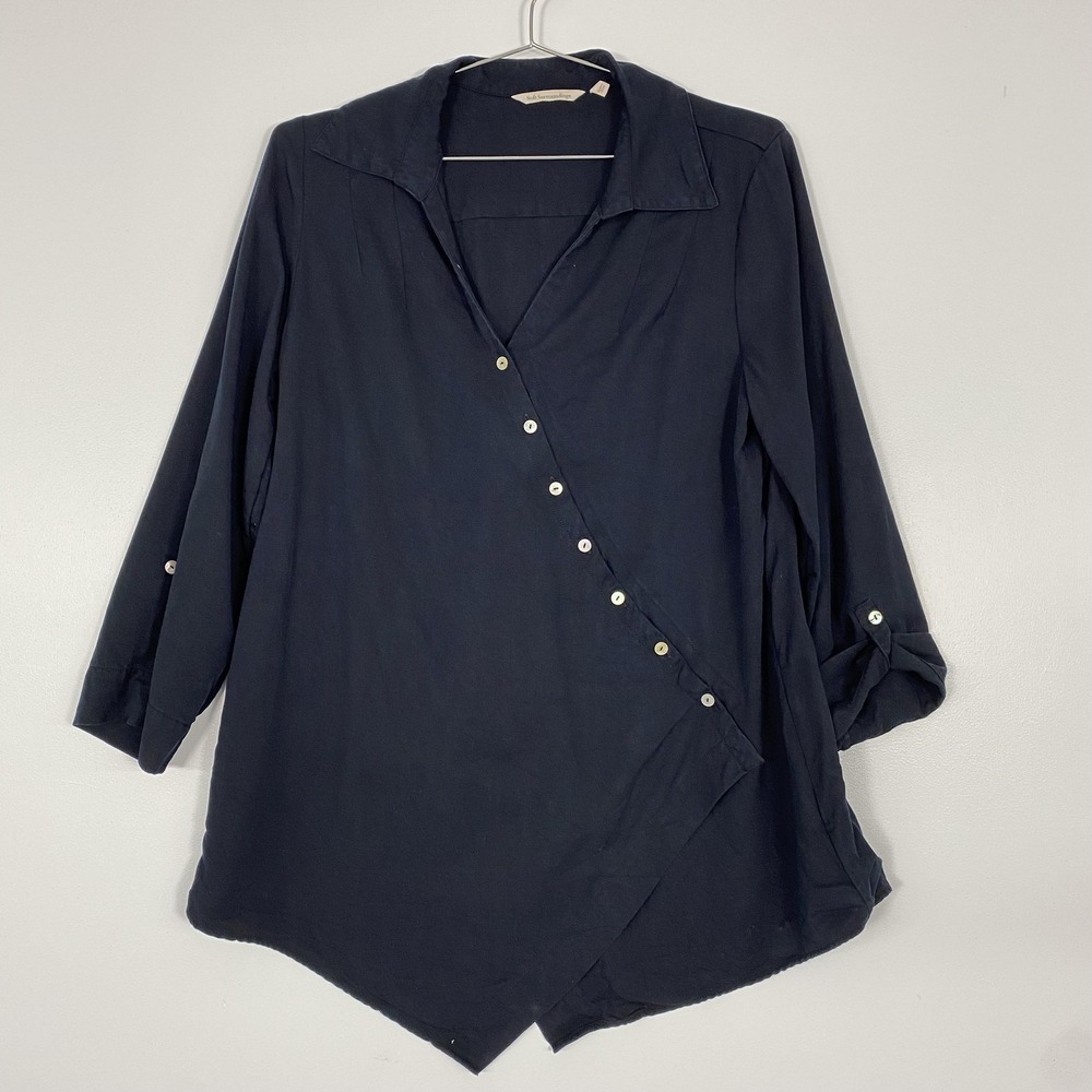 Soft Surroundings Shirt Womens Large Black Asymmetrical ButtonFront Tencel Tunic